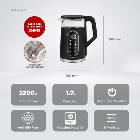 Milex ThermoLux 1.7L Smart Kettle – 2200W Digital Temperature Control Glass Kettle