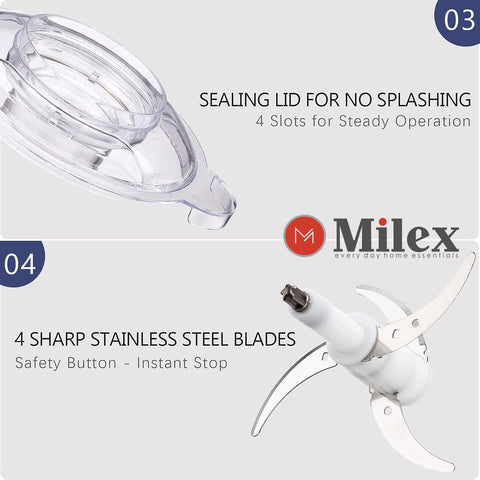 Milex Insta chop elite with 39-page recipe booklet included, 4-layer stainless steel blade , turbo 300W